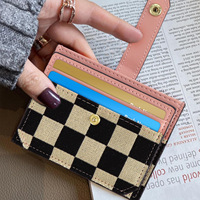 Dompet Koin Kulit PU Motif Kotak-kotak Modis, Dompet Mini Kanvas, Tempat Kartu Multifungsi, Tempat Kartu Kredit & ID untuk Wanita
