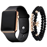 Y973 Set jam tangan LED olahraga pria, dengan 2 buah gelang manik-manik Set hadiah jam tangan Digital silikon persegi reloj hombre