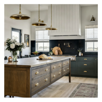Vermonhouzz Vente en gros d'armoires de cuisine modernes bicolores avec crédence noire et accents en laiton pour la construction
