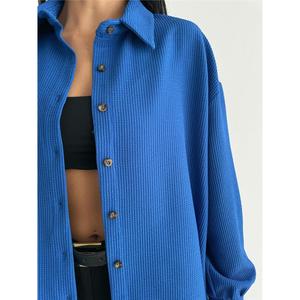 Camisa Otomana Saks para Mujer, Tejida, Asimétrica, con Botones, Estilo Minimalista para el Día a Día, Azul - Product Image 4