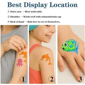 Autocollants de tatouage temporaire pour enfants, vente chaude, imperméables 48H, application facile, motifs colorés, tatouages de natation pour les écoles de natation et les activités aquatiques - Product Image 3