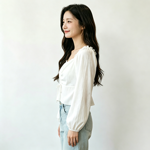 Chemisier blanc à manches longues et col carré froncé pour femme, avec ceinture à nouer, style français, coupe ajustée, décontracté, haut de mode printemps - Product Image 2