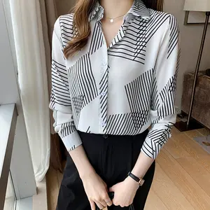 Корейский женский топ, модная атласная блузка с длинным рукавом и принтом в полоску, женские рубашки