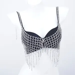 Women's Sexy Crystal Bra Top Adjustable Sparkly Rhinestone Pearl Underwire Knitted Push-up Pearl Underwear Jewelry Solid Adults