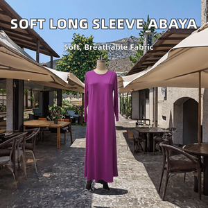 Abaya longue respirante violette à manches longues, coupe classique, robe modeste pour femme, toutes saisons, couleur unie, col islamique - Product Image 2