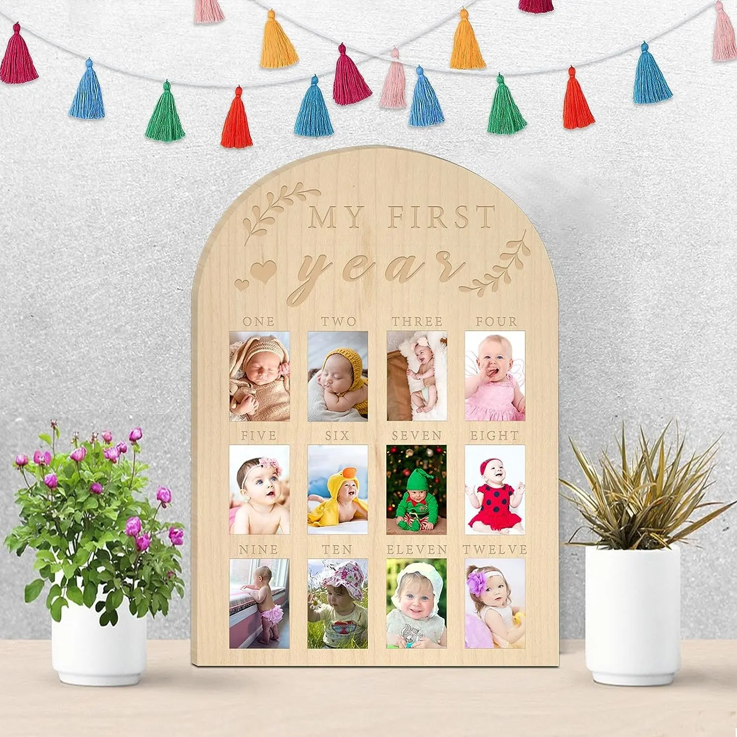 My First Year Photo Display Wooden Plaque Babies First Year Photo Frame Milestone Board 12 Months Baby Picture Frame