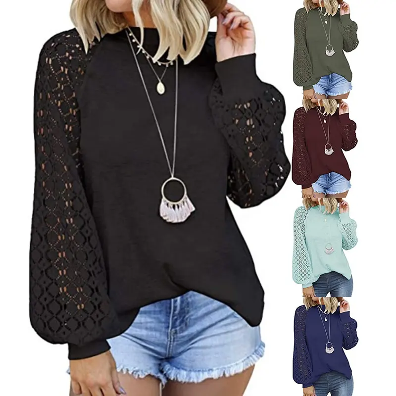 New arrivals FEON Womens Long Sleeve Tops Lace Casual Loose Blouses T Shirts