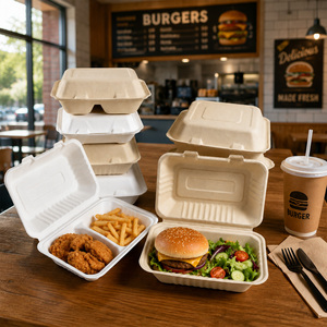 2 Compartment Bagasse Clamshell Food <b>Container</b> Biodegradable Sugarcane Fiber <b>Takeaway</b> Lunch Box Eco Friendly Packaging - Product Image 4