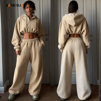 Survêtements pour femmes de haute qualité, logo personnalisé, sweats à capuche courts à fermeture éclair et pantalons de survêtement à jambes larges, ensembles de 2 pièces, fabricants de vêtements de sport
