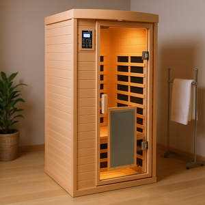 Sauna de infrarrojos lejanos Hemlock para una persona, construcción de madera maciza, uso interior con panel de control por computadora - Product Image 2