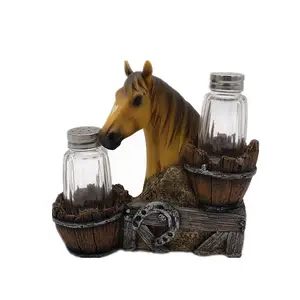 Custom resin animal Horse Glass Salt and Pepper Shaker Set with Holder Figurine in Decorative animal Statues for Kitchen