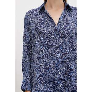 Camisa de Satén para Mujer, Estampado Floral, Azul Marino, Cierre de Botones, Uso Diario Informal - Product Image 5