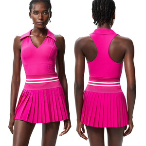 Conjunto para <span class=keywords><strong>Mujer</strong></span> de Camiseta sin Mangas con Cuello Polo y Falda de Tenis de Compresión Suave, Ligero y de Secado Rápido para Fitness y Yoga, sin Costuras y con Estampado - Product Image 1