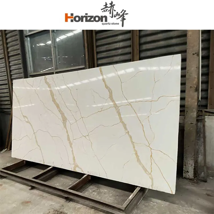Horizon Factory Outlet Crystal 3200X1600 Mm Goud Ader Wit Marmer Look Kunstmatige Kwarts Stenen Platen Voor Keuken Werkblad