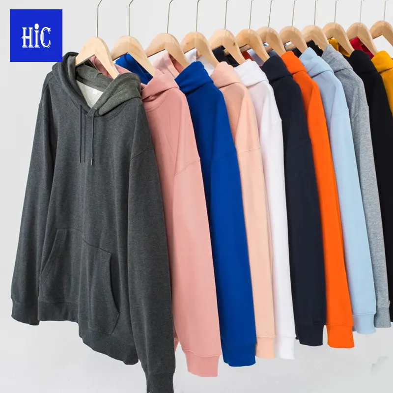 HIC Knitted 300g 85% Baumwolle 15% Polyester Custom Logo Pullover Einfarbige Top-Arbeits kleidung Lässige Herren-Hoodies