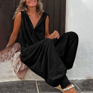 Combinaison en coton mélangé pour femmes sans manches <span class=keywords><strong>couleur</strong></span> unie à capuche combishort fermeture à boutons taille haute coupe ample décontracté respirant pour - Product Image 4