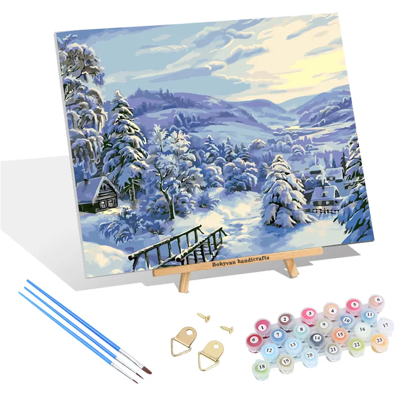 Winter snow scene oil painting acrylic paint by number diy painting set on canvas for living room