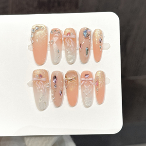 Faux Ongles à Presser Amande Rose Nude <span class=keywords><strong>D</strong></span>égradé de Luxe, Motif Fleur 3D, Perle, Strass, Goutte <span class=keywords><strong>d</strong></span>'Eau, Faits Main, OEM ODM, Vente en Gros - Product Image 5