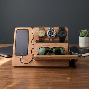 <b>Rustic</b> Wooden Desktop Docking Station Organizer with Phone Holder Key Tray Wallet Stand & Smart Office <b>Desk</b> Accessories Storage - Product Image 2