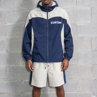 Ensemble de survêtement léger en nylon et polyester pour homme, coupe-vent à capuche 2 pièces avec blocs de couleur personnalisés et short de jogging