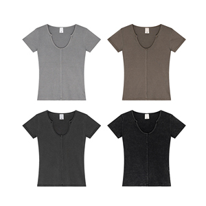 Camiseta de manga corta ajustada con cuello en U profundo europeo-americano de verano 2025 Pure Desire Spicy Girl Plain Dyed - Product Image 2