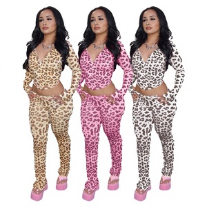 Осенняя Женская одежда, Лидер продаж, кардиган с леопардовым принтом и брюки, костюм с капюшоном на молнии, новые модные комбинезоны и комбинезоны - Product Image 1