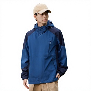 Men's Blue Color Blocked Soft Shell <b>Jacket</b> With Hood Waterproof Zip Fly Regular Fit Outdoor Wear - Product Image 3