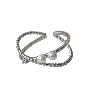 Mode Hochwertige Süßwasser perle Sterling Silber Perle Verstellbarer Kreuz verbindungs ring