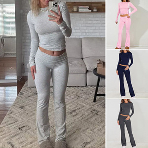 Printemps été décontracté mince à manches longues tricoté <span class=keywords><strong>pantalon</strong></span> costume couleur unie haut beauté vêtements pour <span class=keywords><strong>Amazon</strong></span> transfrontalier coupe ajustée - Product Image 1