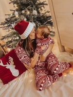 Set Pakaian Natal Eropa Amerika Motif Kotak-kotak Satin Bernapas untuk Orang Tua dan Anak dengan Pinggang Elastis, Laris untuk Pakaian Rumah Musim Dingin
