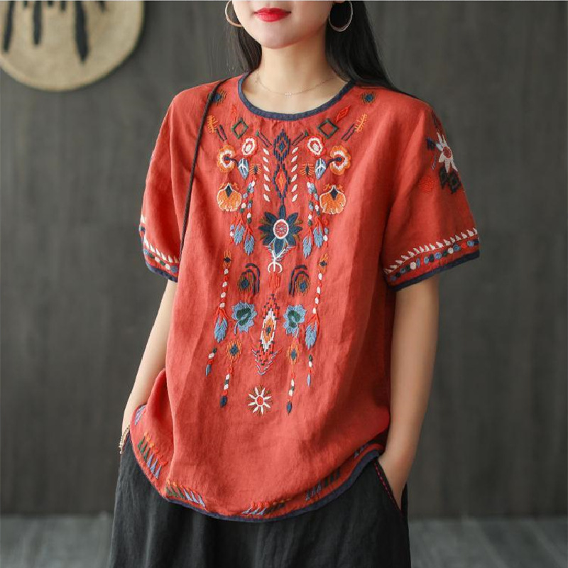 Red linen flower embroidery shirt blouse
