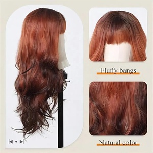 MOQ1, pelucas sintéticas largas <span class=keywords><strong>de</strong></span> pelo ondulado rojo marrón con reflejos negros con flequillo para mujeres negras, <span class=keywords><strong>cabello</strong></span> <span class=keywords><strong>Natural</strong></span> para uso diario - Product Image 4