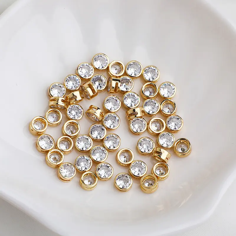 Flat Round 6mm Gold Plated Cubic Zirconia Crystal Bead Spacers Loose Beads for Bracelet