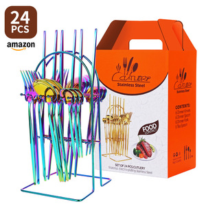 Juego de cubiertos de acero inoxidable de 24 piezas, chapados en oro, con mango rojo y soporte para mesa de comedor. - Product Image 3