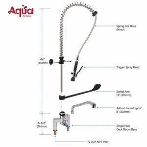 Aqua Systems Kitchen Faucet Wall <b>Mounted</b> Single Handle Pull Out <b>Spray</b> Chrome Finish Lead Free Brass Valve Contemporary Design - Product Image 2