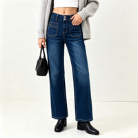 Jean taille haute à jambe large pour femme, double boutonnage, effet ventre plat, poches plaquées, en denim, vente en gros