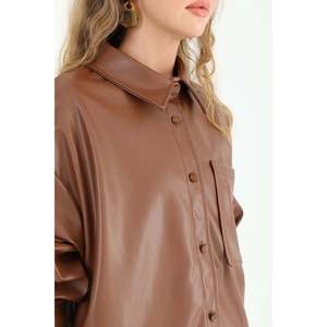 Puane Women's Stylish Brown Faux Leather Pocketed Shirt, Modern Cut, Soft Fabric, Ideal for Everyday and Special Occasions - Product Image 5