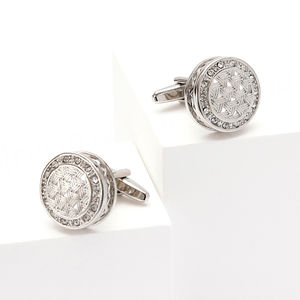 Mancuernillas Redondas de Cobre Plateado con Diamantes Blancos de Lujo de Alta Calidad en Oferta - Product Image 3