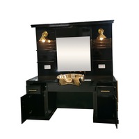 Mobilier de salon professionnel noir brillant, station de lavage de cheveux avec miroir lumineux et armoire de rangement, unité de lavage pour salon de coiffure