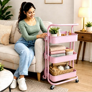Pink Three-Layer Metal Storage Cart With Wheels For Kitchen Organization Modern Utility <b>Trolley</b> - Product Image 3