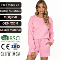 Ensemble sweat-shirt et short rose à col rond pour femme, manches longues, mélange de coton, tenue décontractée d'été, deux pièces, couleur unie