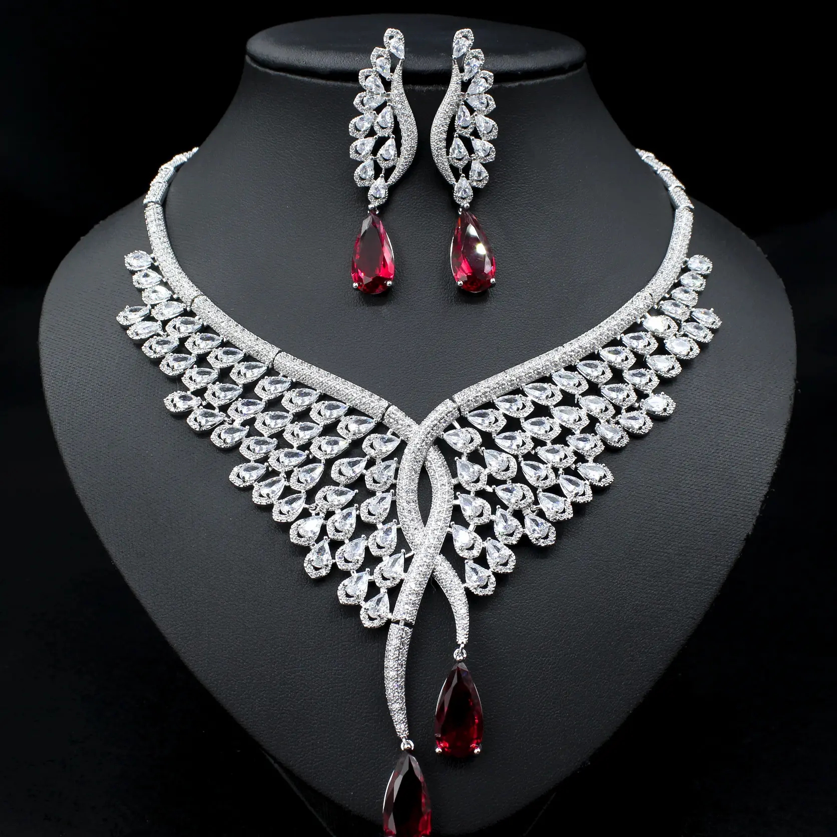 India luxury red green blue cubic zirconia wedding jewelry set bridal dubai jewelry sets wholesale