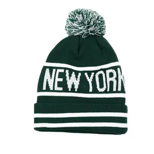 Großhandel individuelles Logo acryl gestreifte gestrickte New York Pom Pom Beanie Winter Jacquard-Hüte