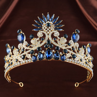 Diadème de Mariée en Or et Saphir, Couronne Baroque en Strass, Ornement de Tête de Reine, Ornement de Cheveux pour Mariage et Bal de Promo, Diadème en Cristal pour la Mariée