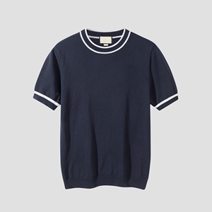 Camisa de manga corta de punto Gucci, azul marino, estilo vintage, informal, de corte ajustado, elástica, 100% algodón, de calidad original, para hombre. - Product Image 1