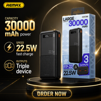 Batterie externe REMAX 30000mAh, charge rapide 22.5W, chargeur portable, 3 sorties, affichage numérique LED pour les voyages