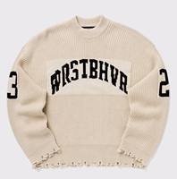 Pull tricoté unisexe streetwear déchiré et vieilli couleur crème, à ourlet effiloché, chaud pour l'hiver, style universitaire oversize pour homme, personnalisable