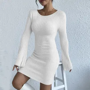 Sexy Mini Effen Kleur Backless Bel Lange Mouw Gebreide Damesjurk Mode Eenvoudige O-hals Slim Fit Elegante Witte Trui Jurk