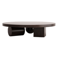 Table basse en bois d'ingénierie de qualité supérieure, à plateau rond, en bois foncé, avec support créatif en forme de boule et de bloc