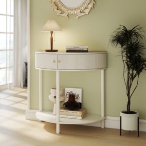 Wave Pattern Demi Lune Console <b>Table</b> Creamy White Finish Half Moon Design With 2 Storage Shelves - Product Image 1